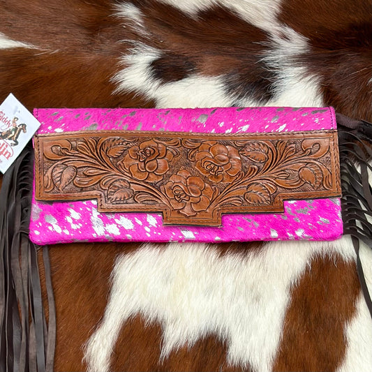 Hot Pink Cowhide Fringe Clutch