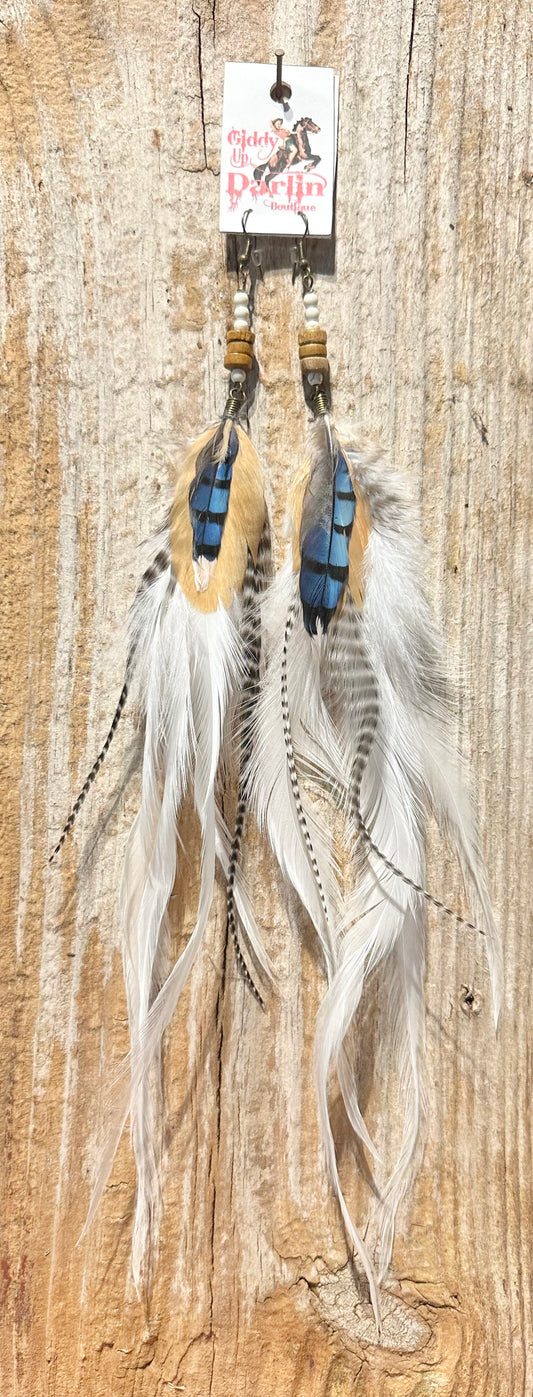 Brown Beads White, Blue, Brown and Black Feather Earrings