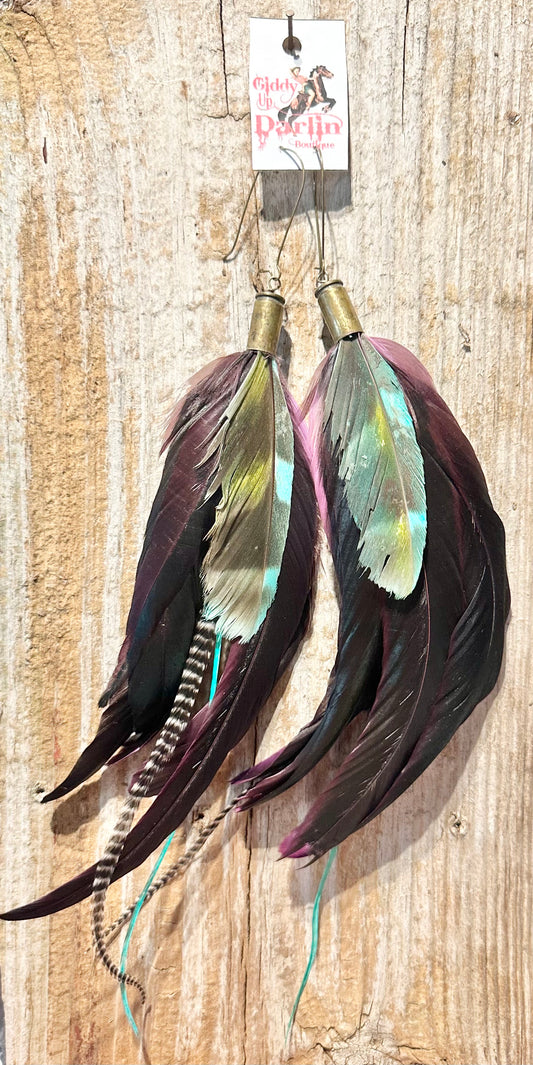 Black and Purple with Green Feather Earrings