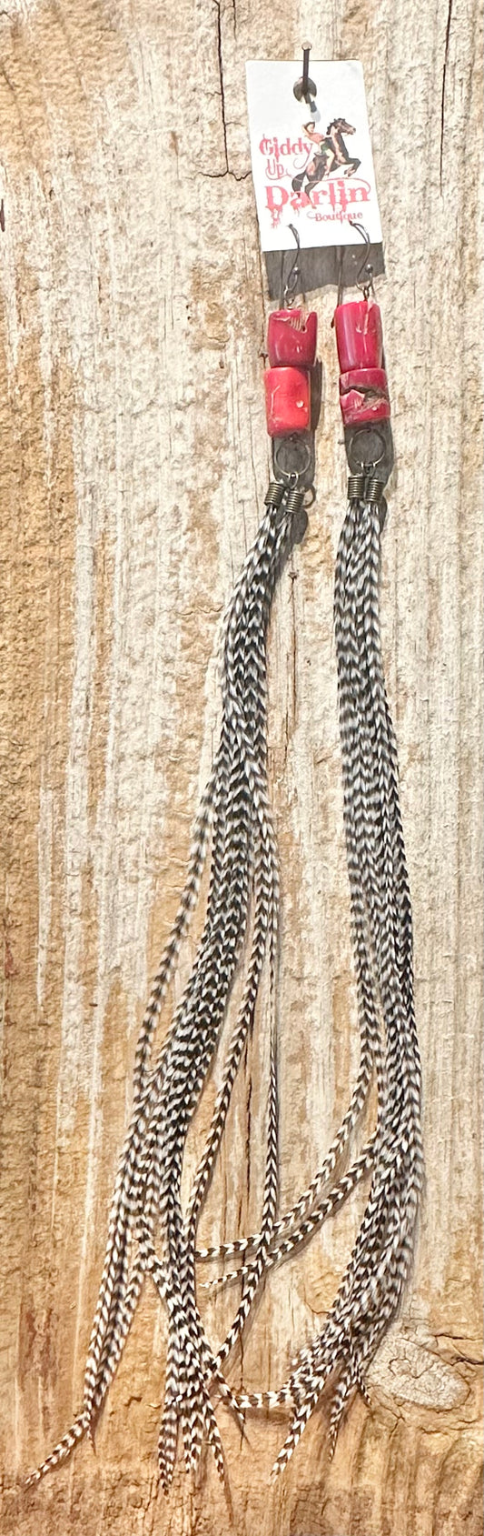 Red Beads with Black and White Long Feather Earrings