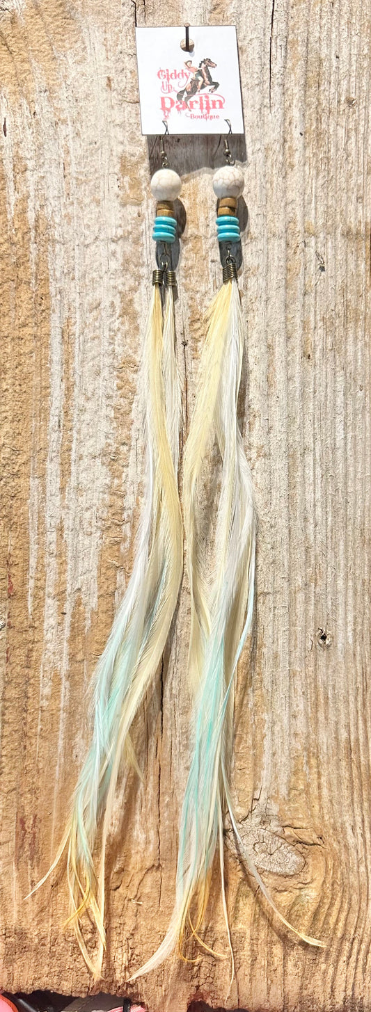 Cream and Teal Tips Long Feather Earrings