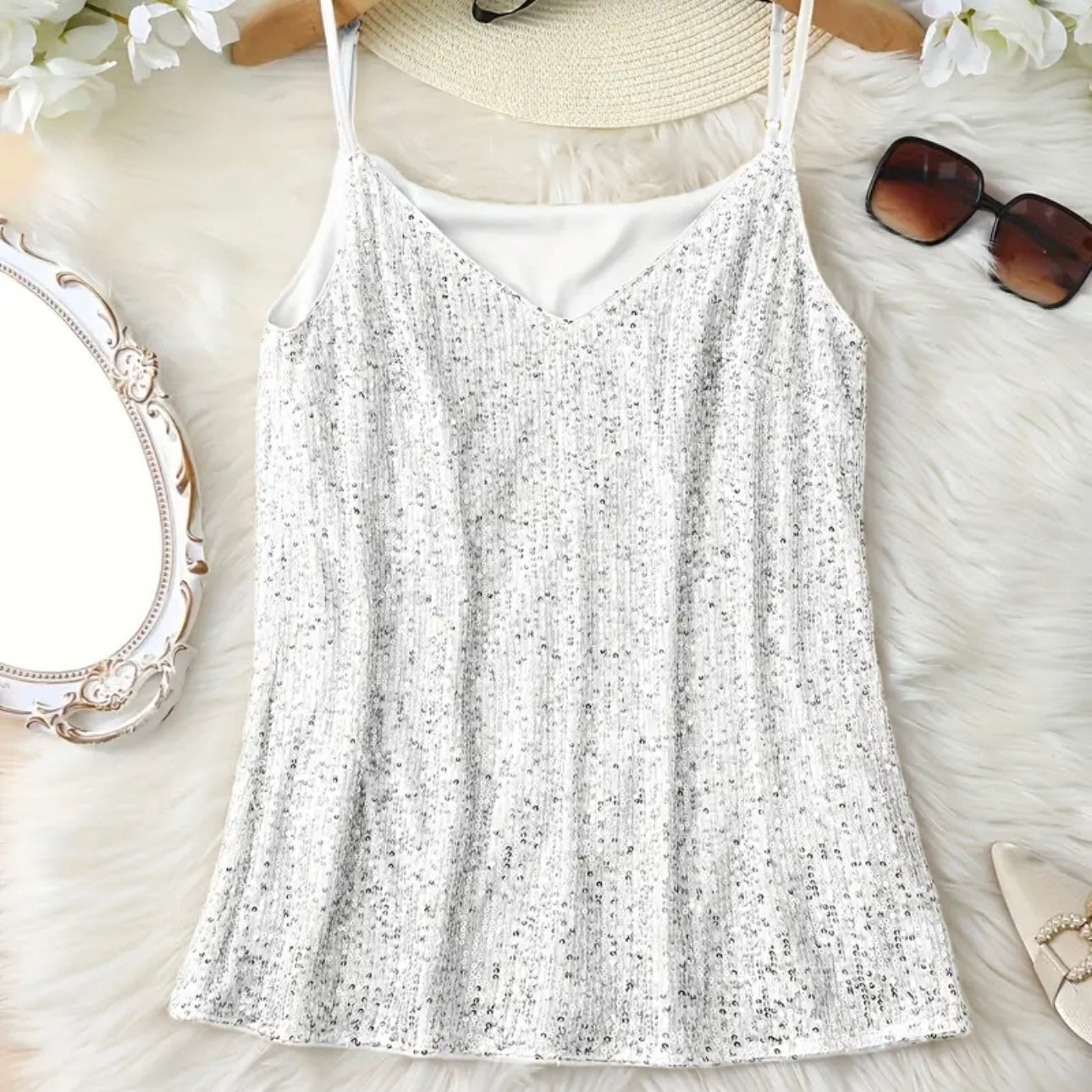 White Sequin Tank Top