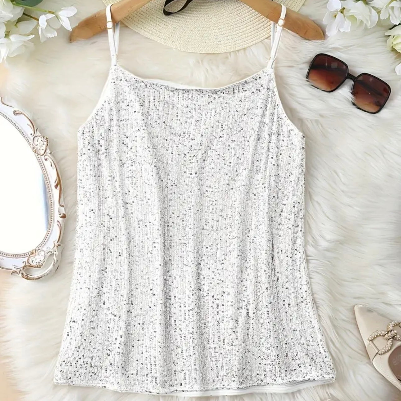 White Sequin Tank Top