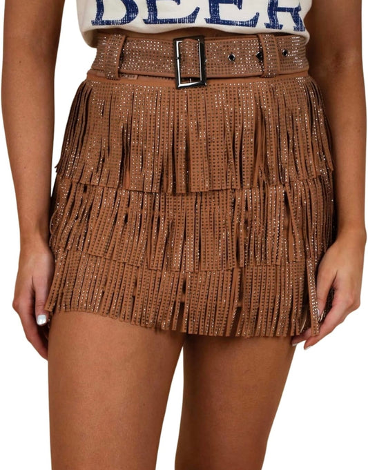 Brown Stud Fringe Skirt with Belt