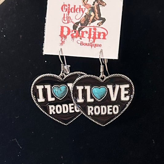 Black I Love Rodeo Heart Earrings