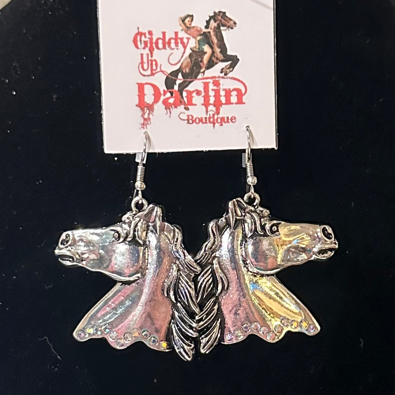 Silver Horse with Iridescent Stones Earrings