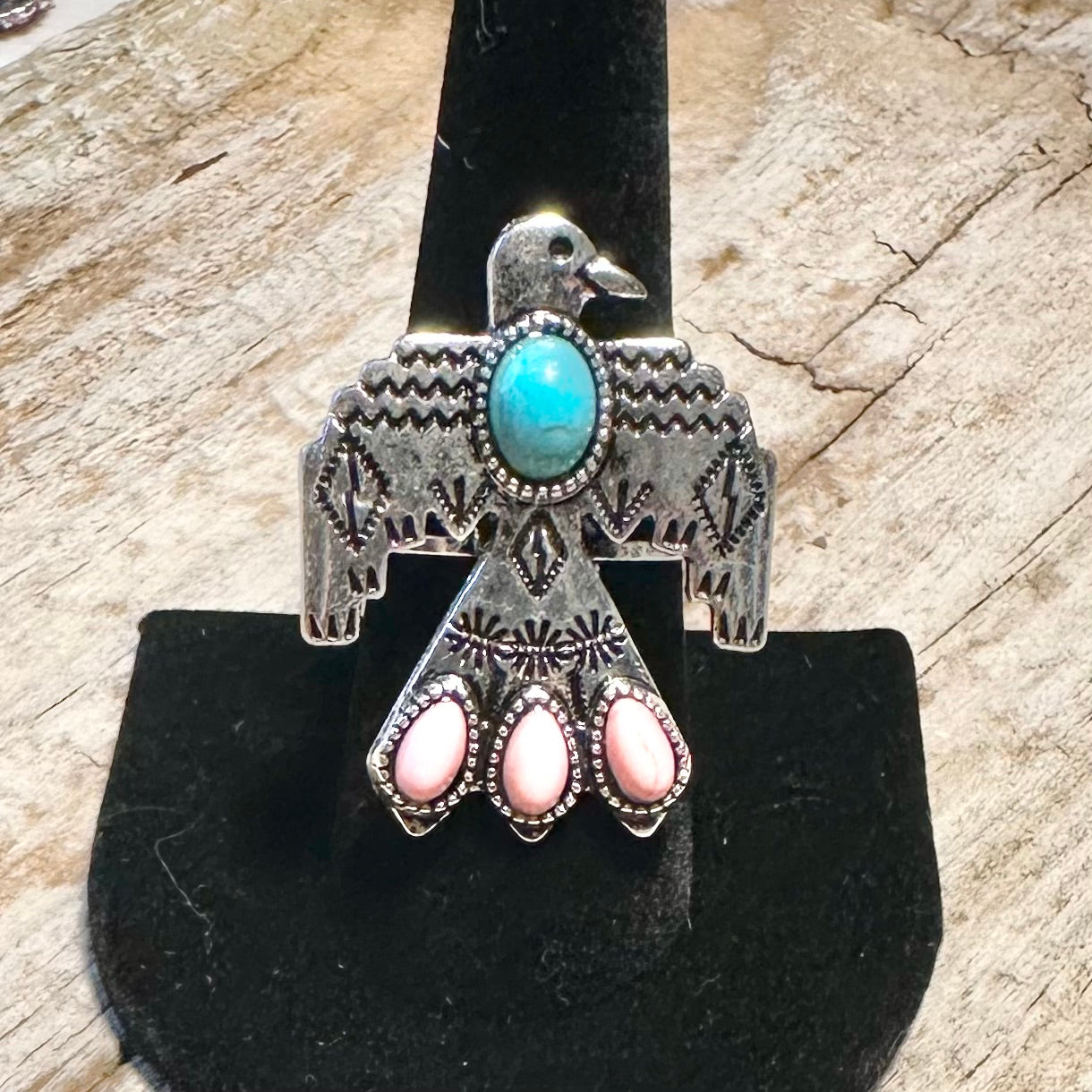 Thunderbird Pink and Turquoise Stone Western Adjustable Ring