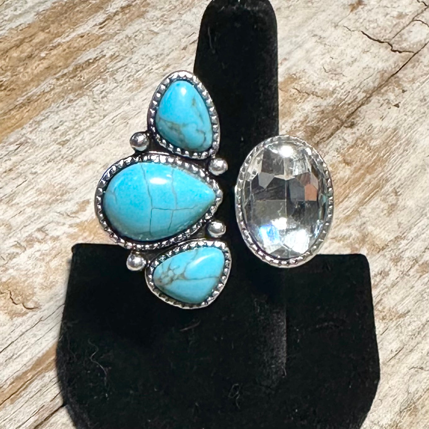 Clear and 3 Turquoise Western Adjustable Ring