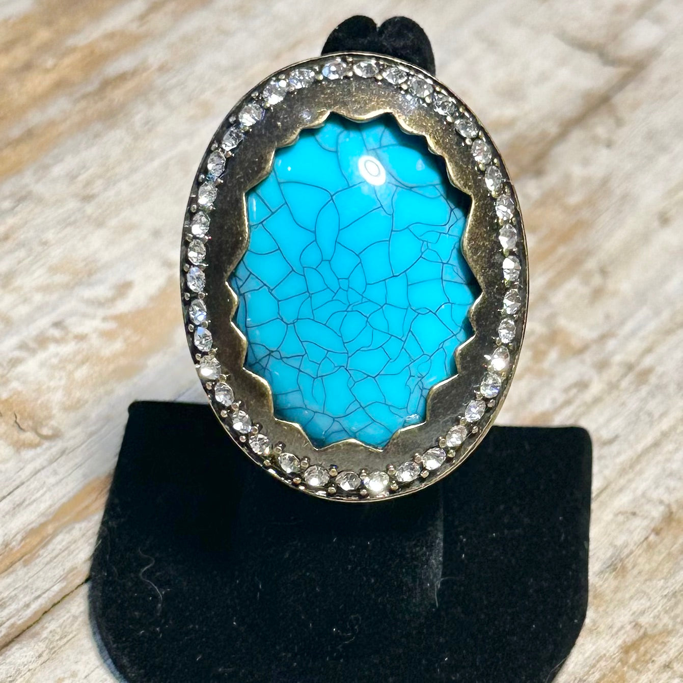 Large Bronze, Turquoise and Clear Western Elastic Ring