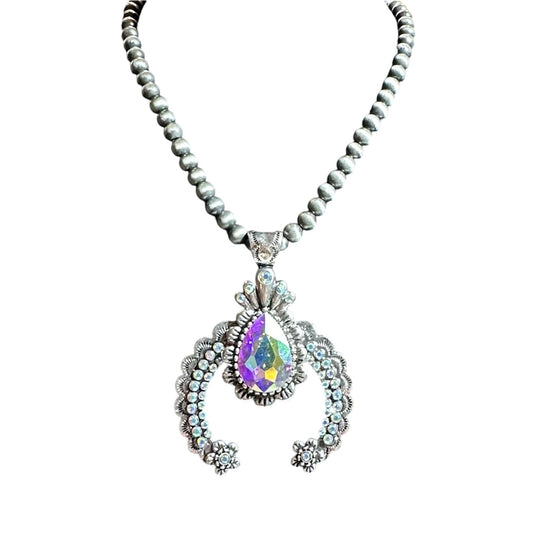 Lg Silver 1 Stoned Iridescent Squash Blossom Necklace