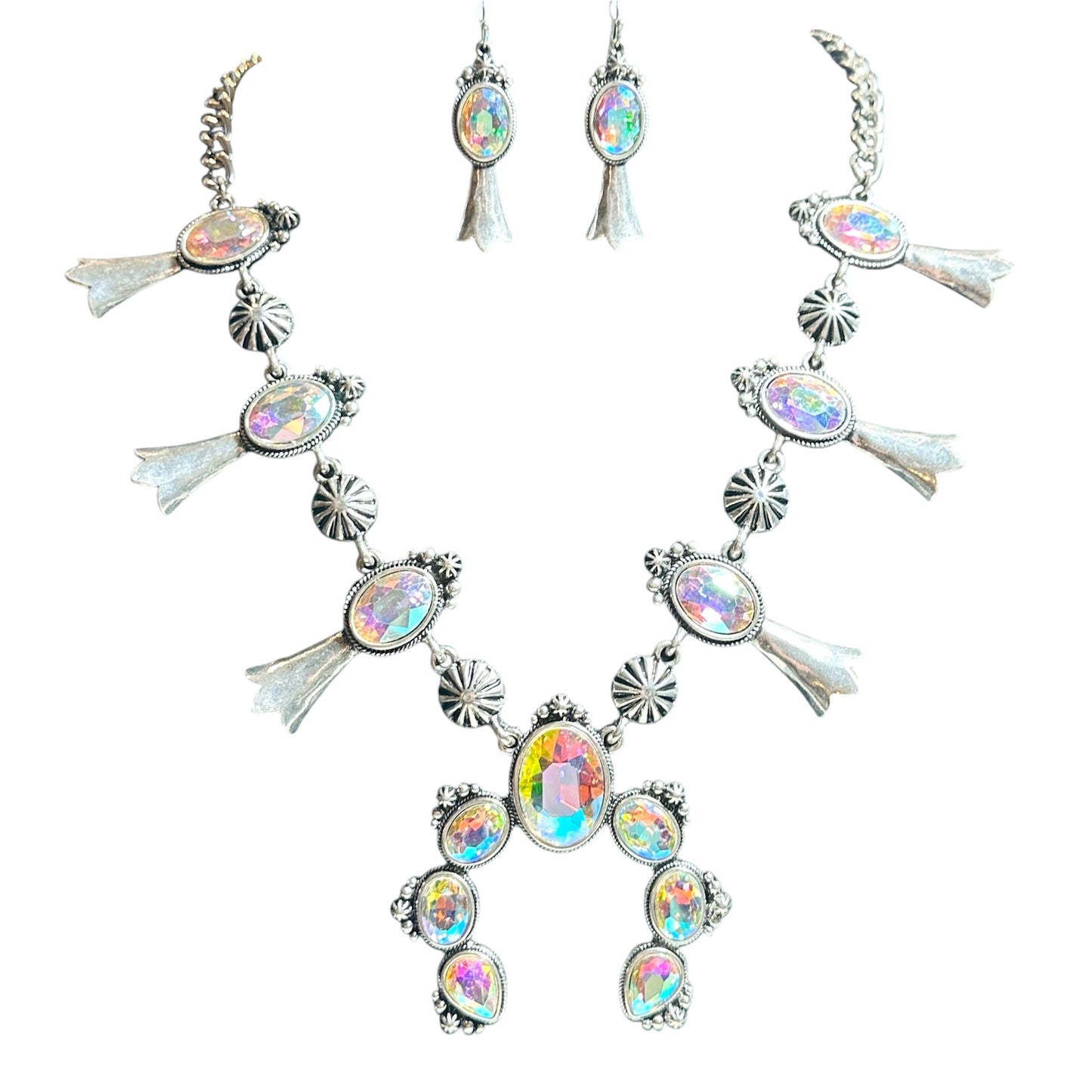 XL Silver 7 Stoned Iridescent Squash Blossom Necklace Earring Set