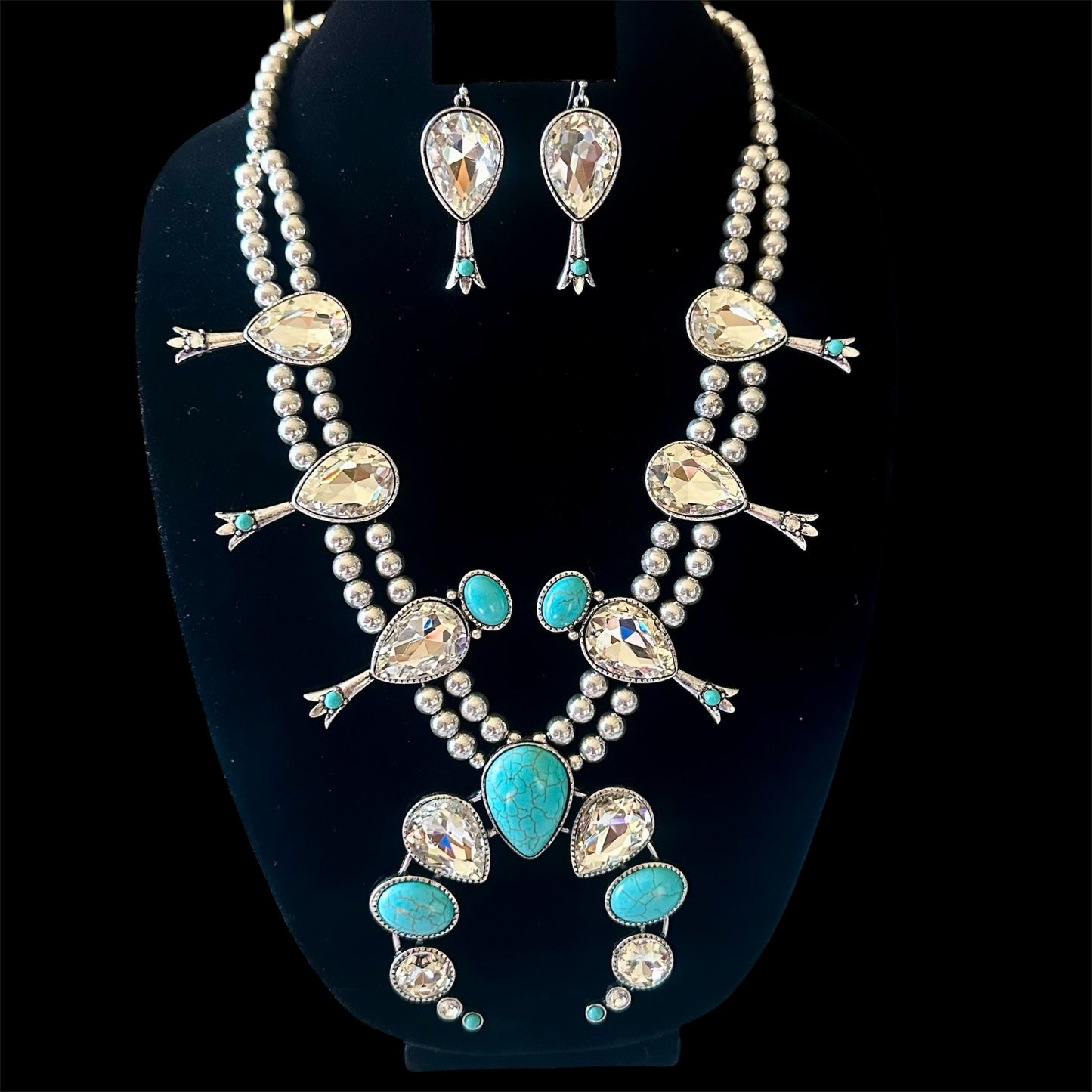 XL Silver Turquoise Clear Squash Blossom Necklace Earring Set