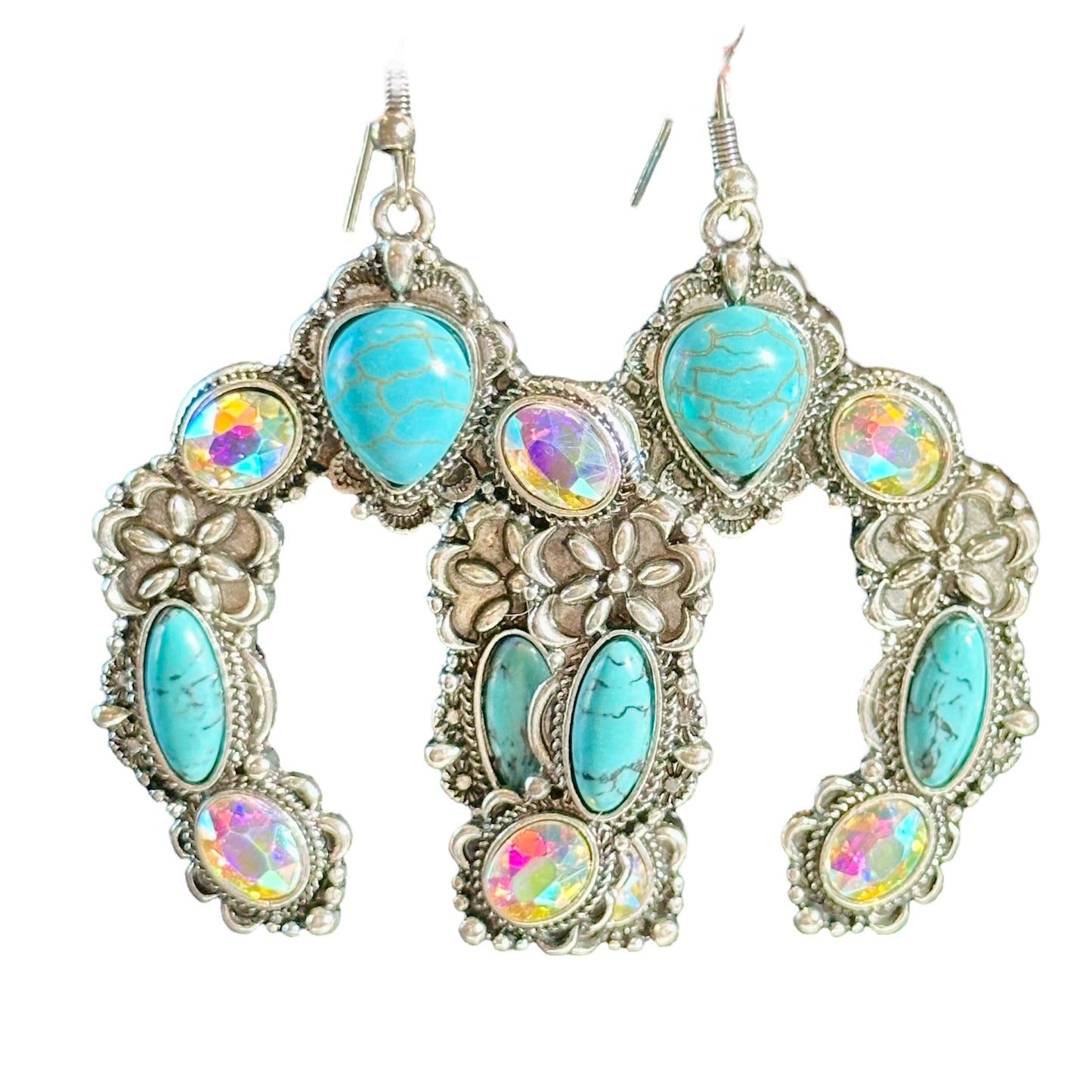 Silver Squash Blossom Big Turquoise Iridescent Earrings