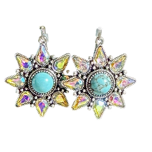 Silver Star Burst Turquoise Iridescent Earrings