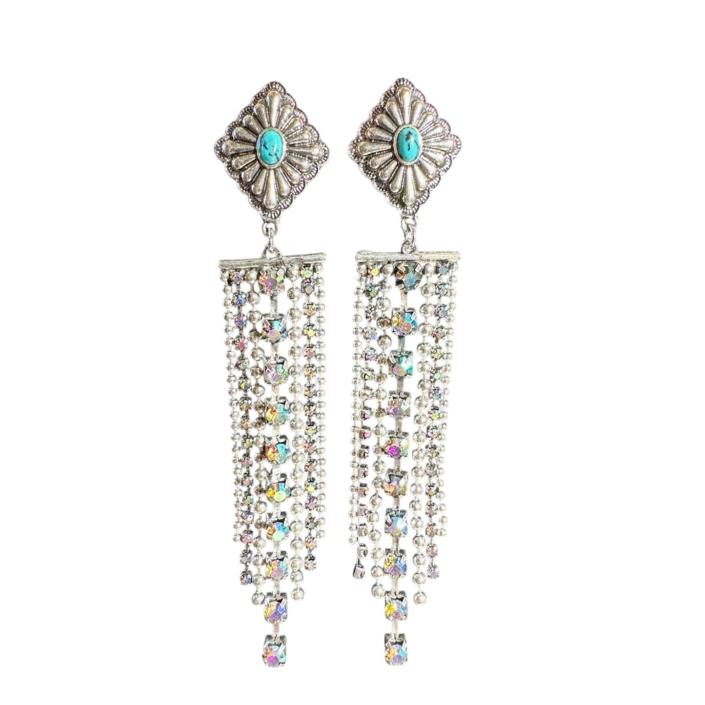 Silver Diamond Turquoise Tassel Iridescent Stud Earrings