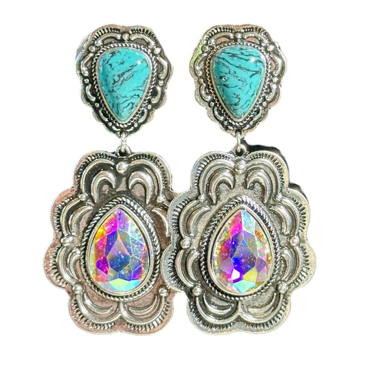 Silver Tooled Turquoise Iridescent Stud Earrings