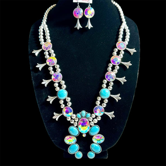 Lg Round Silver Turquoise Clear Squash Blossom Necklace Earring Set