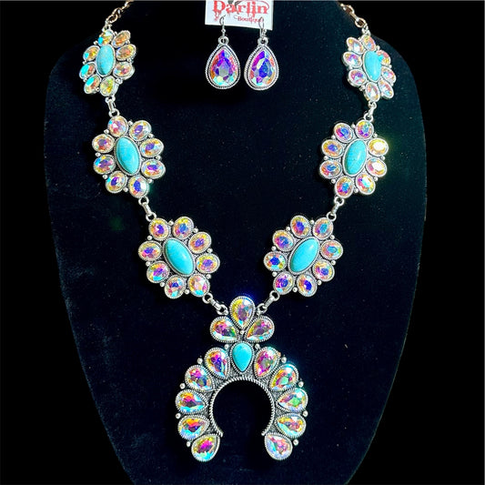 Lg Rossets Silver Turquoise Clear Squash Blossom Necklace Earring Set