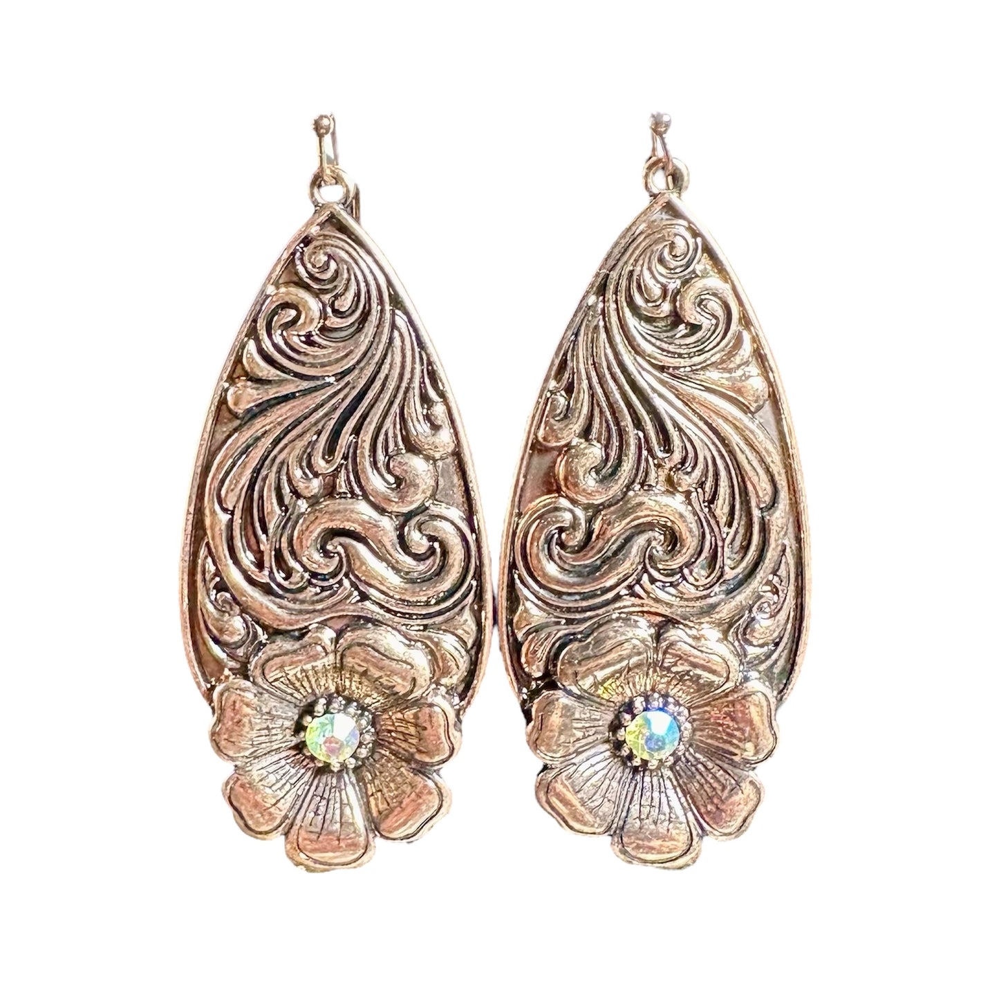 Bronze Tooled Flower Iridescent Earrings