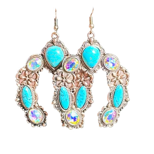 Bronze Squash Blossom Big Turquoise Iridescent Earrings