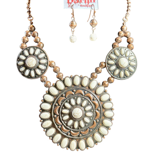 Lg White Circle Bronze Necklace Earring Set