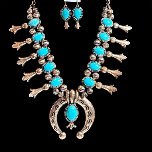 Lg Squash Blossom Turquoise Bronze Necklace Earring Set