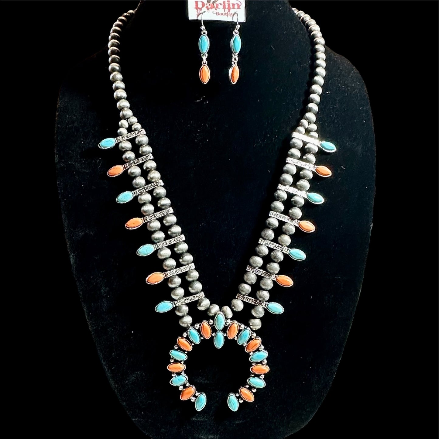 Orange Turquoise Navajo Beads Necklace Earring Set