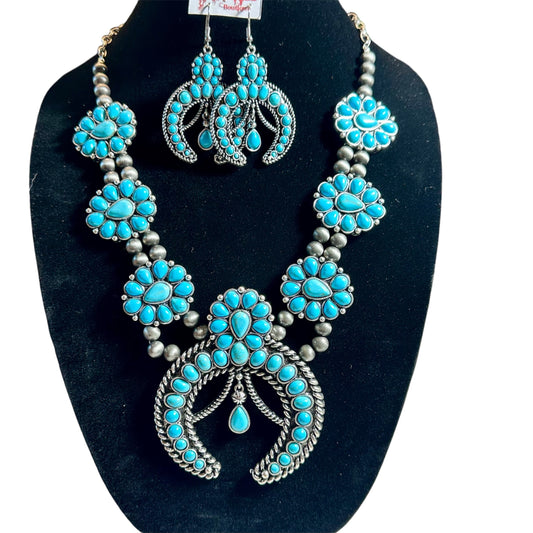 Lg Mini Turquoise Stone Squash Blossom Necklace Earring Set