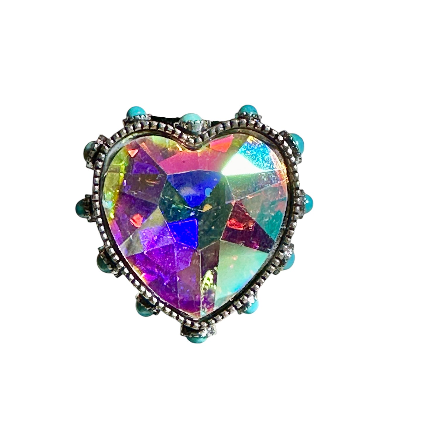 Heart Turquoise Silver Iridescent Elastic Ring