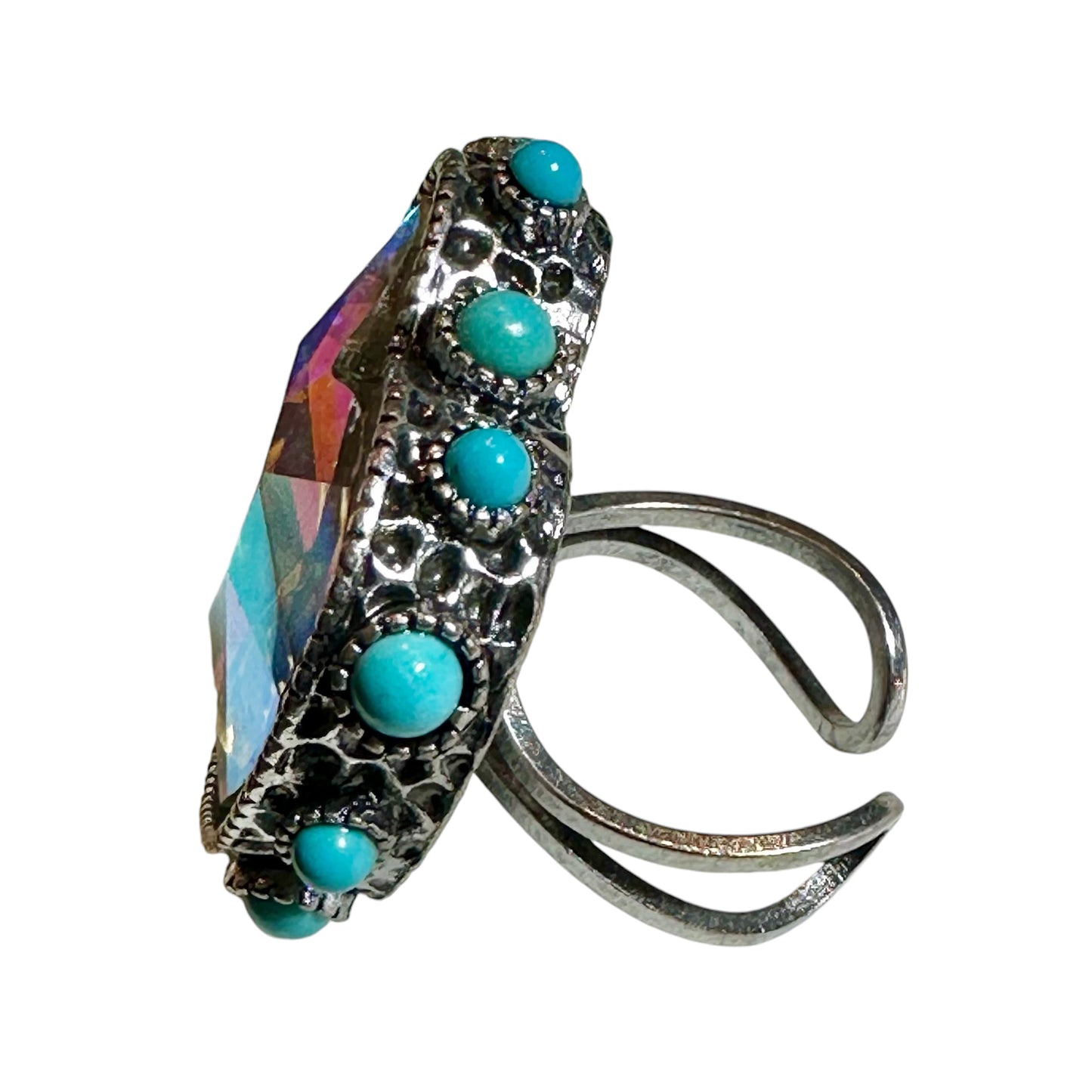 Heart Turquoise Silver Iridescent Elastic Ring