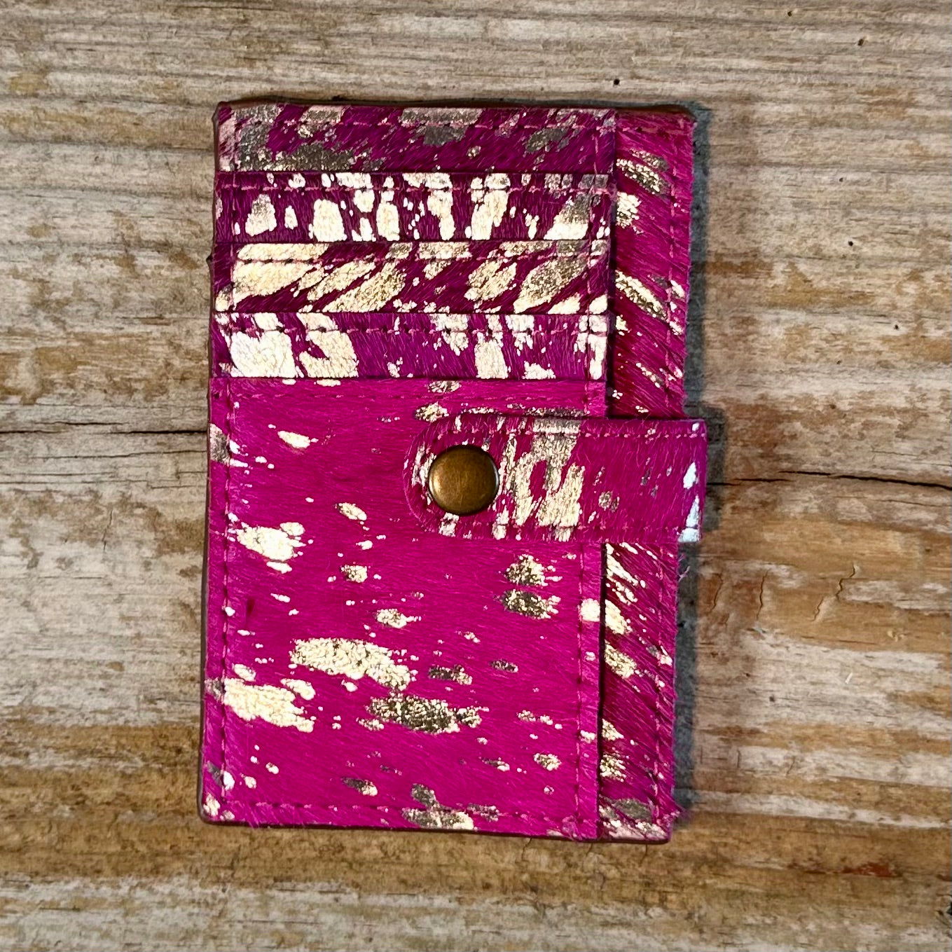 Silver Acid Hot Pink Cowhide Credit Card Wallet