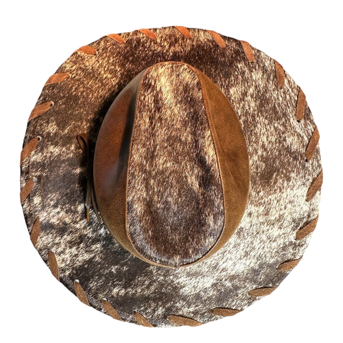 White and Tan Leather Cowhide Hat