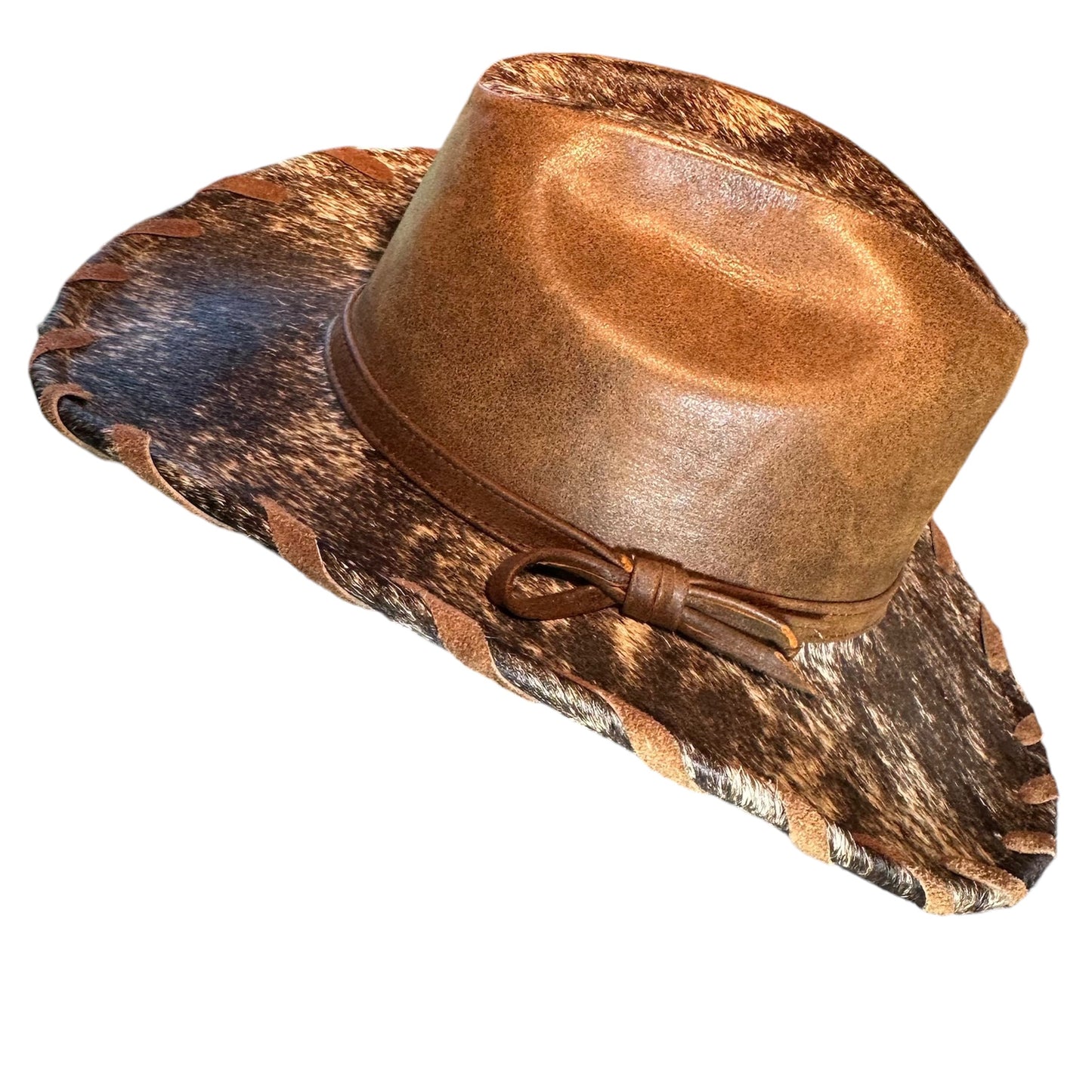 White and Tan Leather Cowhide Hat