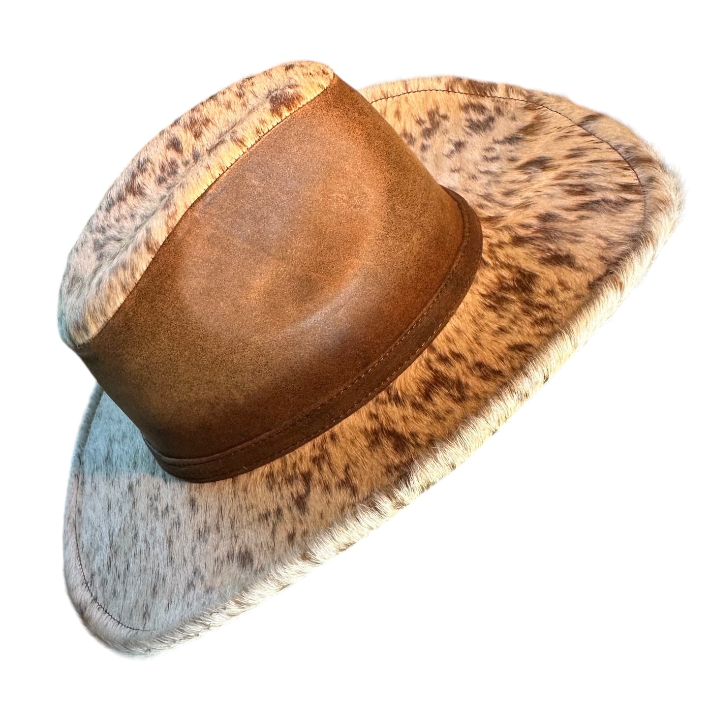 White and Tan Speckled Leather Cowhide Hat