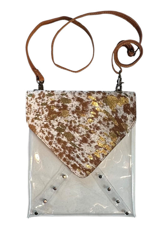 Gold Acid Brown Cowhide Clear Purse