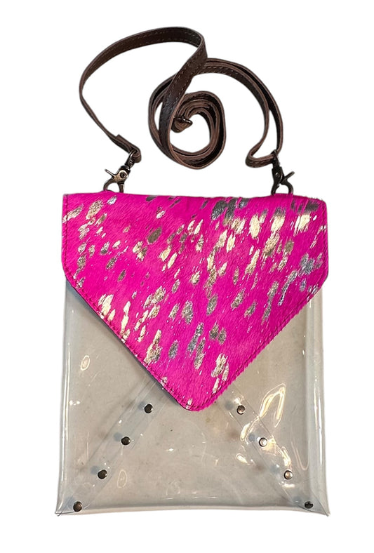 Silver Acid Hot Pink Cowhide Clear Purse