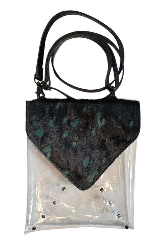 Dark Teal Acid Black Cowhide Clear Purse