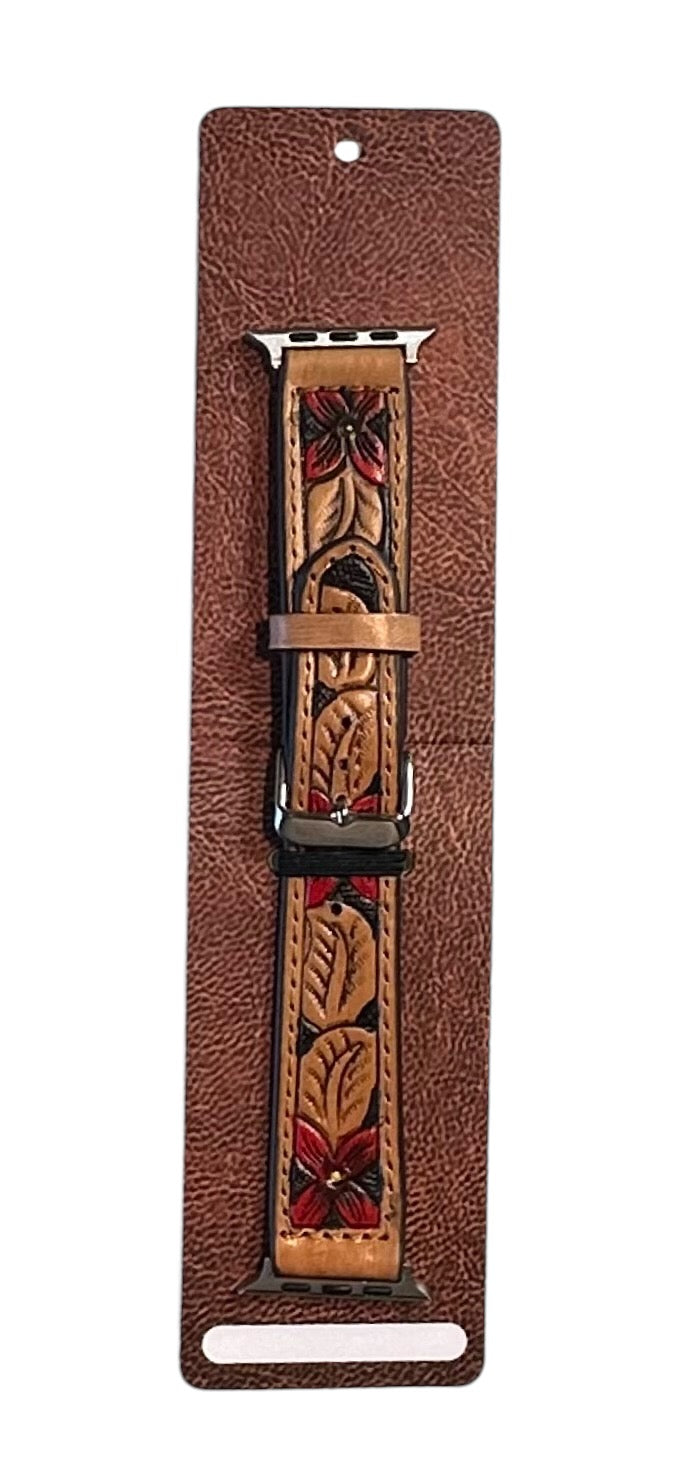 Red Flower Tooled Leather 45mm Apple iWatch Band