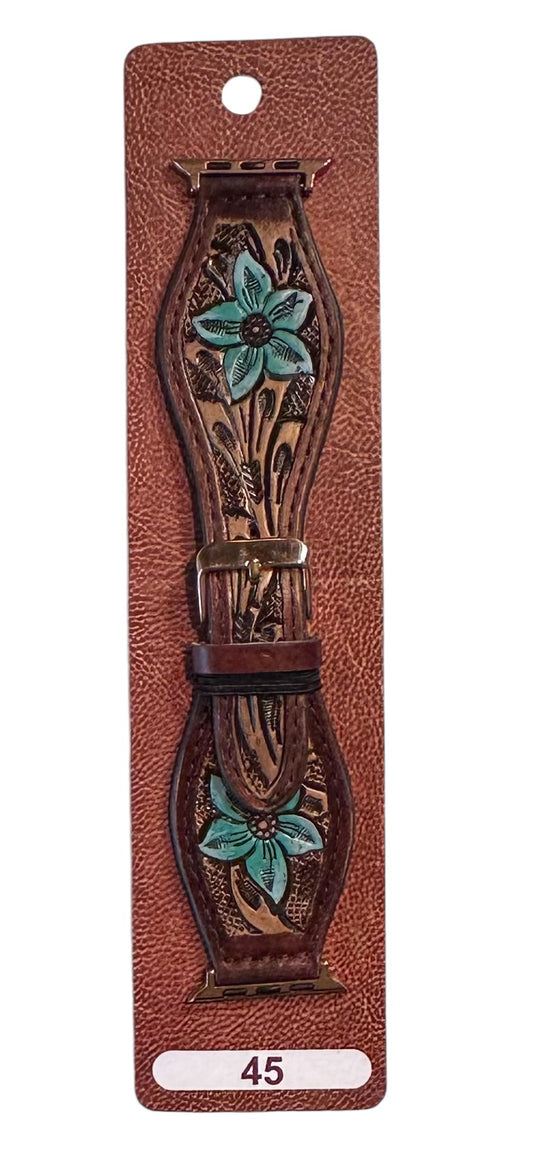 Blue Flower Tooled Leather 45mm Apple iWatch Band