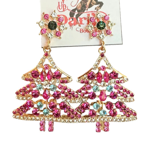 Hot Pink Crystal Tree Earrings