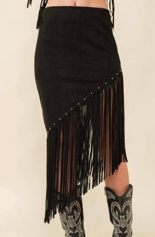 WESTERN FRINGE SUEDE UNBALANCE MIDI SKIRT