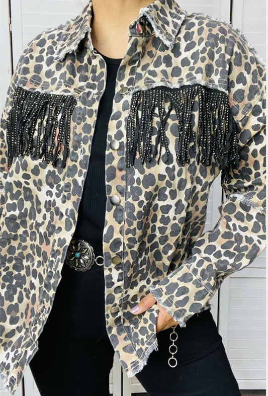 Leopard Denim Jacket with Black Stud Fringe