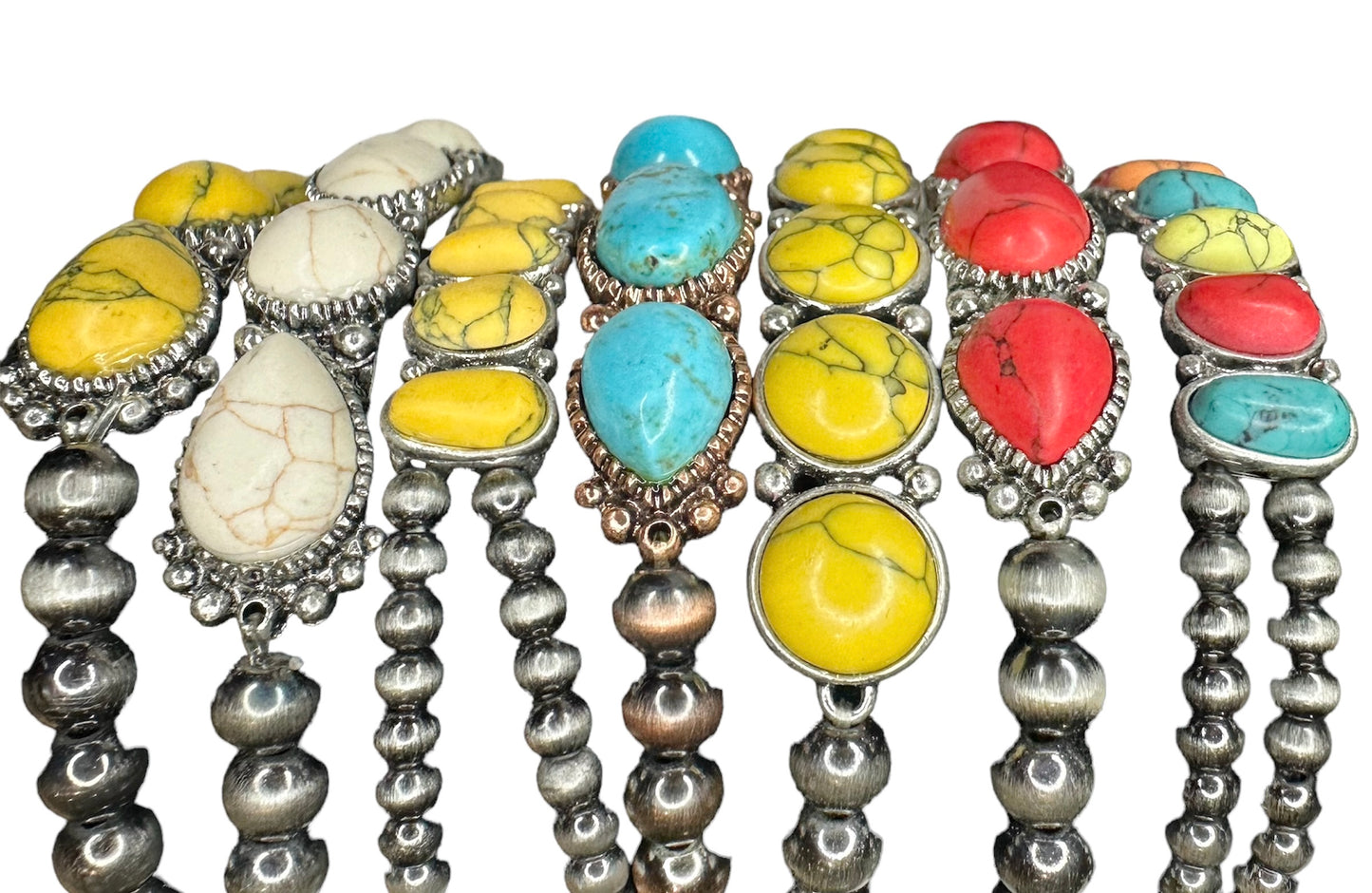 Silver Navajo Beaded Bracelet with Stone - Several Colors available