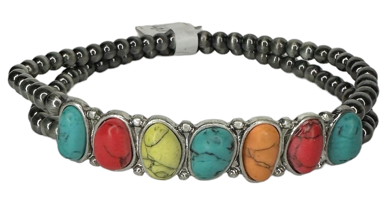 Silver Navajo Beaded Bracelet with Stone - Several Colors available