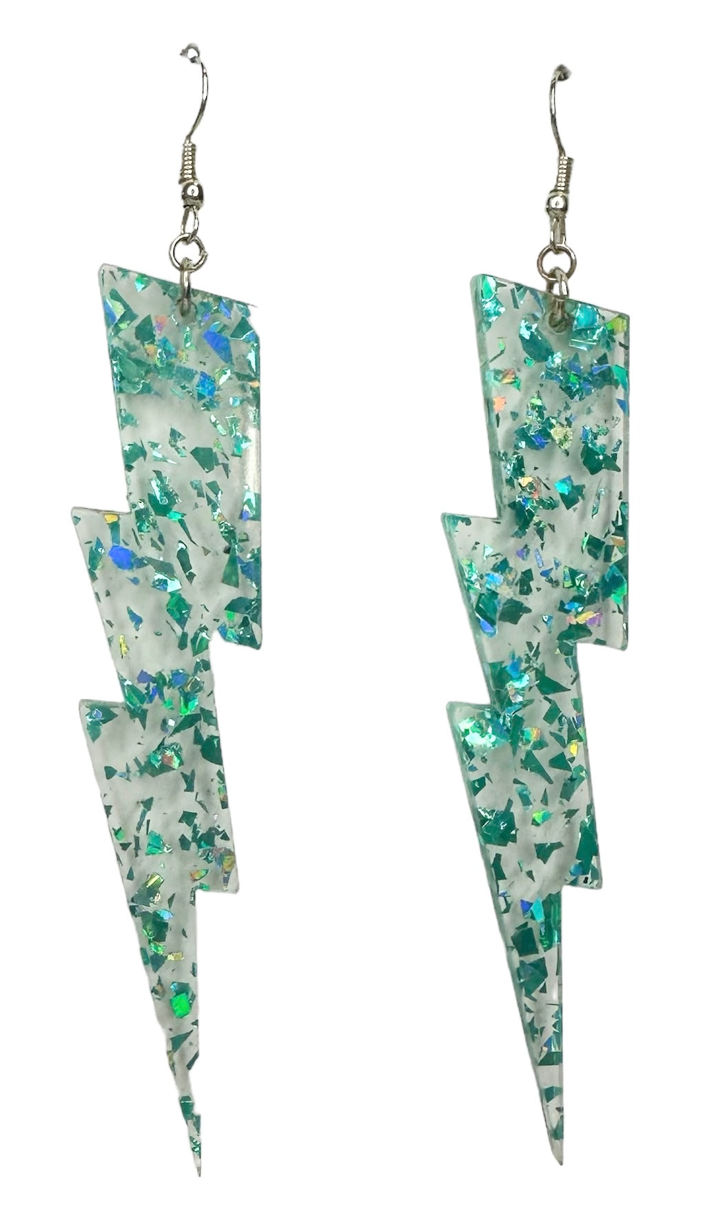 Clear with Green Sparkle Lightning Bolt Earrings