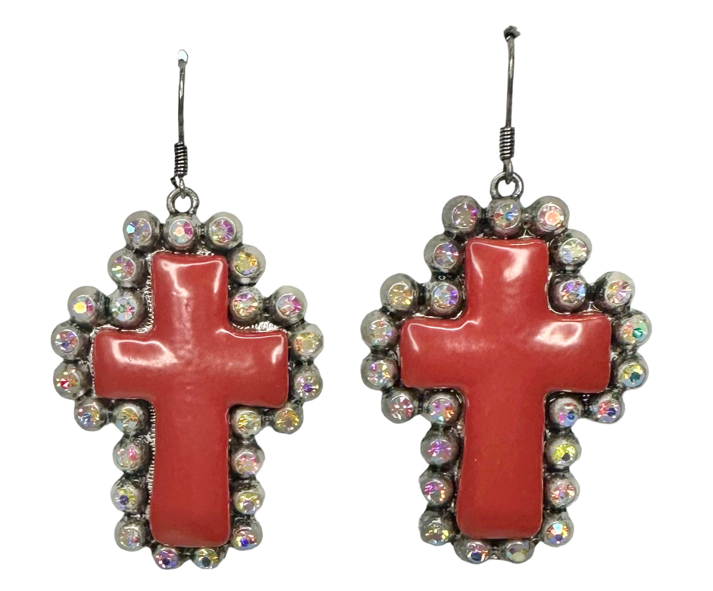 Iridescent and Red Cross Earrings