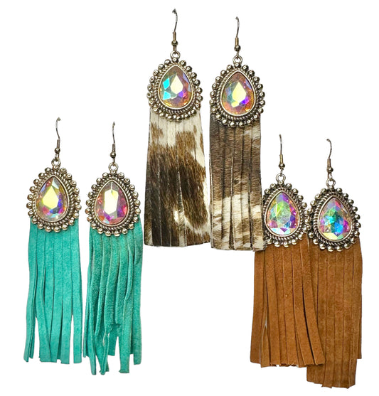 Iridescent Tear Drop with Leather Fringe - Several Colors Available