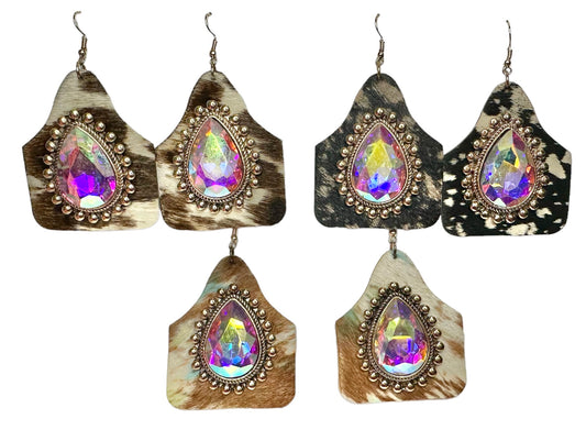 Cowhide Tags with Large Iridescent Stone