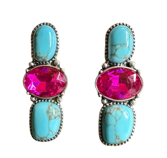 Turquoise and Hot Pink Stud Earrings