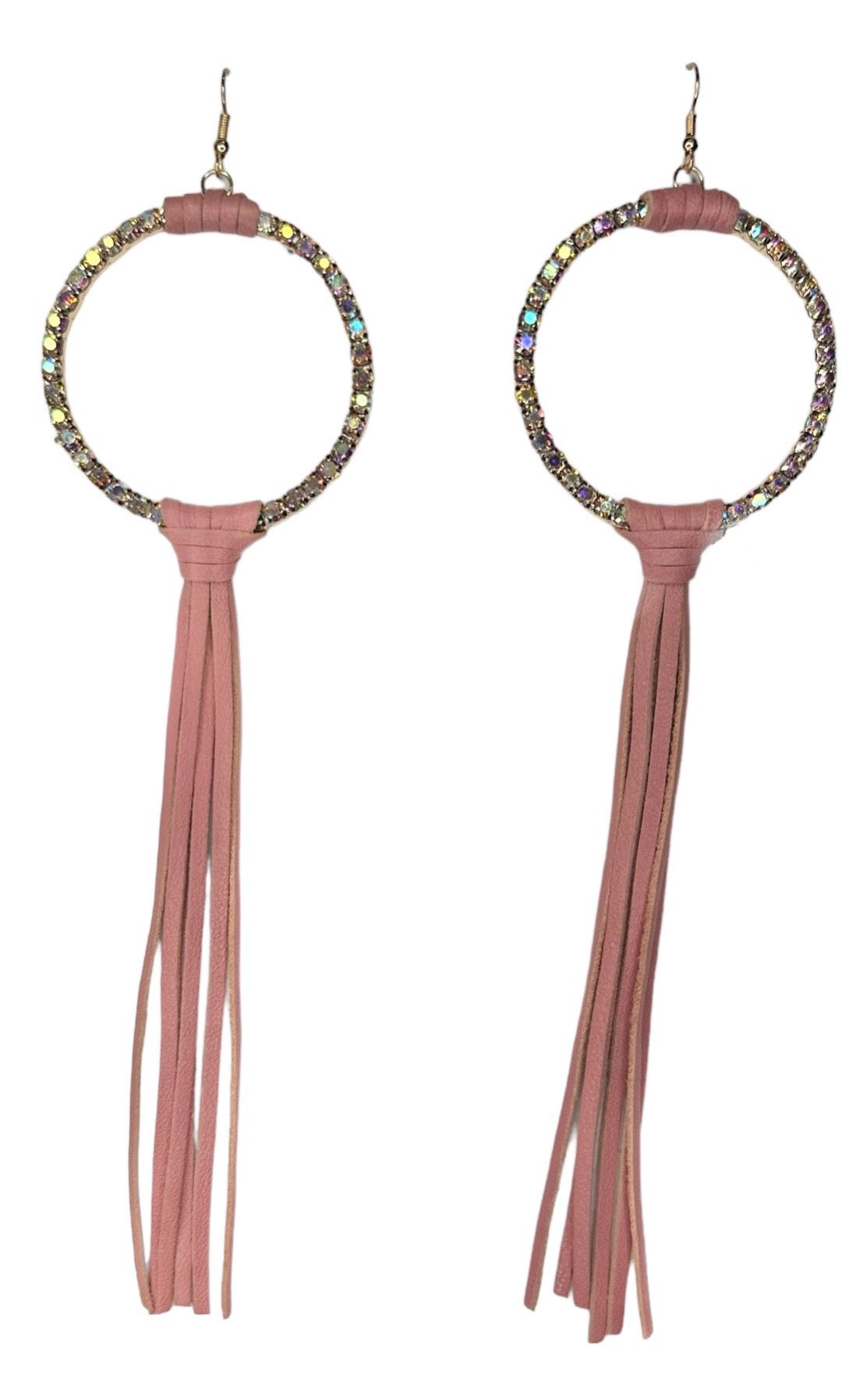 Iridescent Circle Earring with Leather Tassel